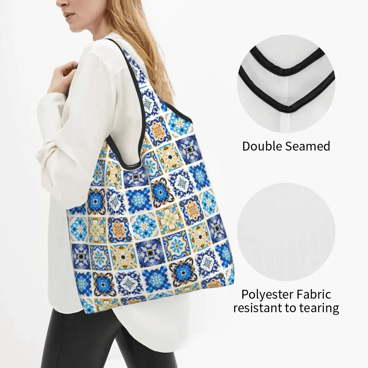 Custom Blue Mosaic Tiles Moroccan Arabesque Shopping Bag Women Portable Big Capacity Grocery Antique Geometric Tote Shopper Bags