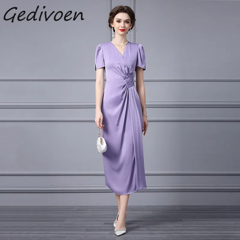 

Gedivoen Summer Fashion Runway Elegant Temperament Dress Women V-Neck Ruched Gathered Waist Party Irregularity Slim Long Dress