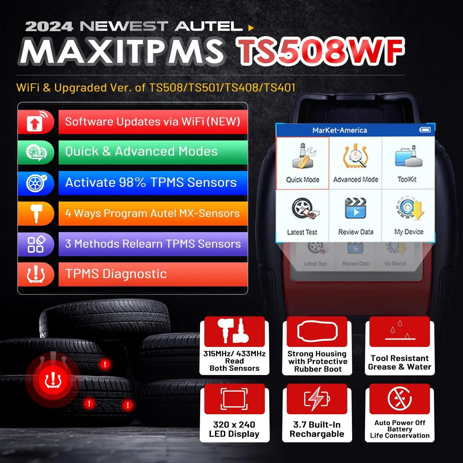 เครื่องมือเรียนรู้ TS508WF TPMS เปิดใช้งาน/เรียนรู้เซ็นเซอร์ทั้งหมดเป็น TS601ใหม่โปรแกรม MX-SENSORS (315/433MHz), TPMS รีเซ็ต/วินิจฉัย