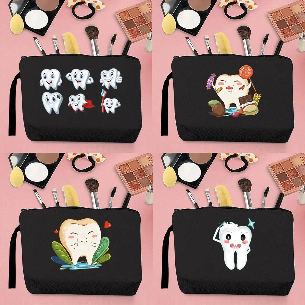 

Woman Makeup Outdoor Travel Washing Storage Bag Canvas Place Teeth Pattern Printing Portable Key Black Handbag Pen Case