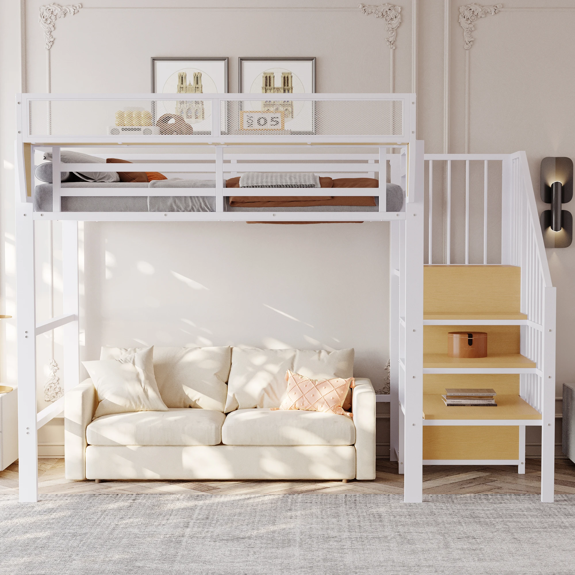 KOMHTOM Metallhochbett Etagenbett 90x200 cm für Kinder und Erwachsene mit Sicherheitsleiter und flexiblem Staufach
