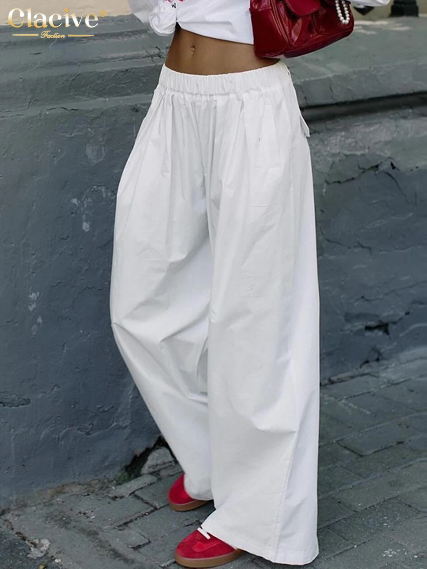 Clacive Fashion Loose White Women's Pants 2024 Elegant Mid Waist Wide Trousers Casual Classic Solid Full Length Pants Female