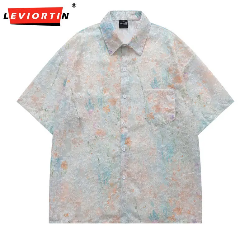 

Лето 2025 г., свободная, универсальная, простая, нишевая рубашка для пар, американская акварельная жаккардовая рубашка с короткими рукавами для мужчин