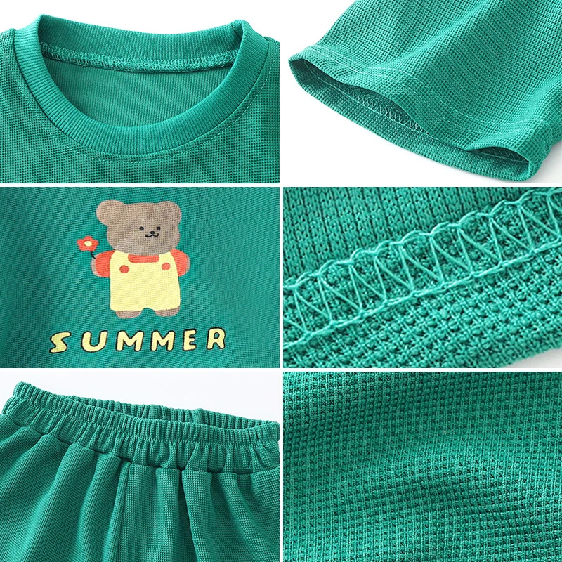 Cartoon Bear Short Sleeve Pant Sets Summer Baby Outfits Children Fashion Tee Soild Color Shorts Thin Cotton Clothes Tracksuits