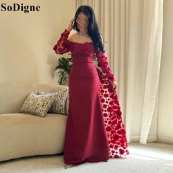 SoDigne Elegant Burgundy Evening Dresses Floral Appliques Flowers Mermaid Draped Party Dress 2024 Exquisite Prom Gowns for Women