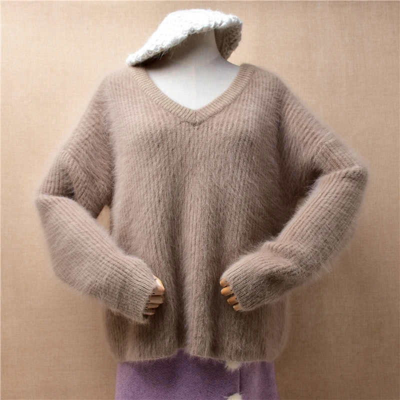 04 Ladies Women Fall Winter Clothing Hairy Mink Cashmere Knitted V-Neck Long Sleeves Loose Pullover Angora Fur Jumper Sweater