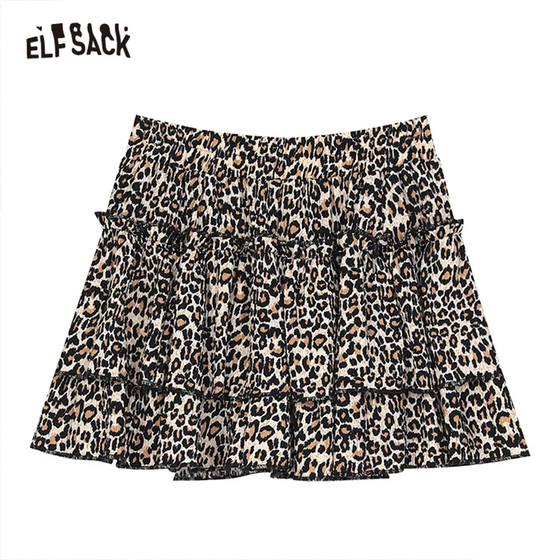 ELFSACK 2024 summer new arrival A-line leopard print slim pleated sexy cake skirt for women