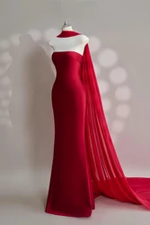 Elegant Silk Red Strapless Celebrity Dresses Off The Shoulder Backless Mermaid Temperament Simple Party Prom Evening Gown New