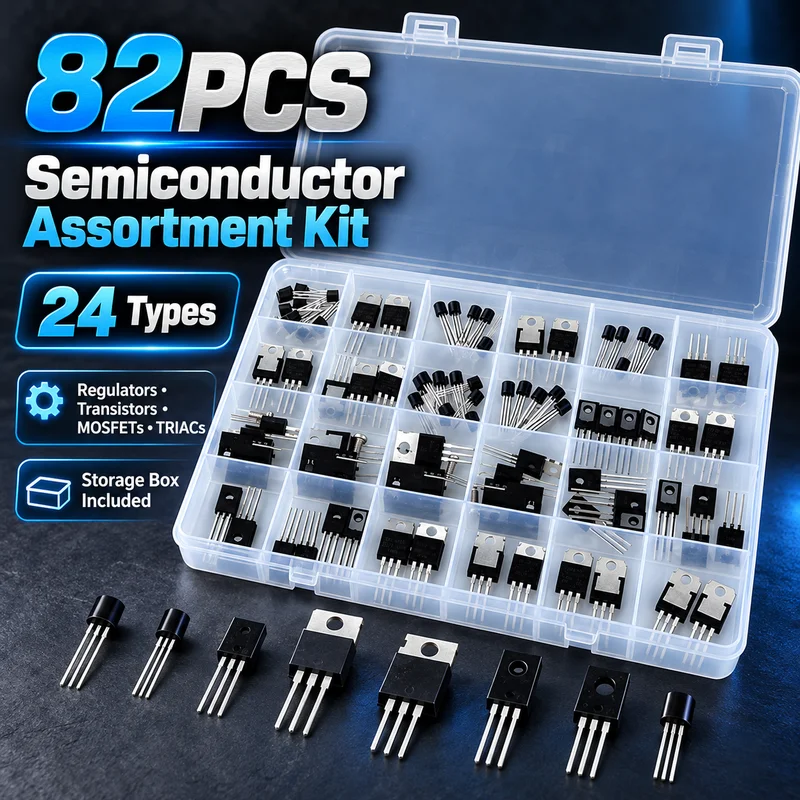 82PCS 24 Types Voltage Regulator Transistor MOSFET TRIAC Assortment Kit 78L05 L7805 LM317 TIP122 IRF540 Through Hole Box