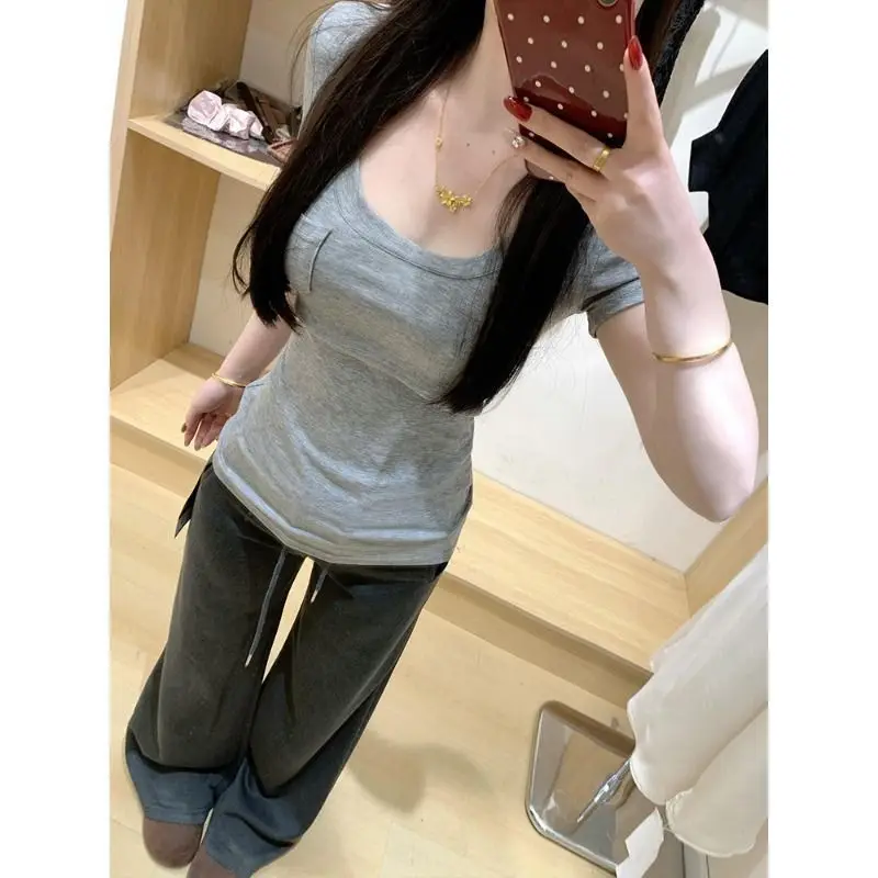 Chic Pocket T-Shirt Cool Skin Feel Slim Fit Short Sleeve Large round Neck Summer Thin Modal Fiber Women's Fashion Top
