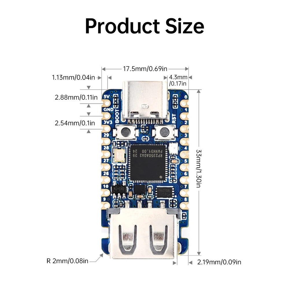 RP2350-USB-A Mini Development Board gebaseerd op voor Raspberry Pie RP2350A 520KB SRAM 2MB Flash Type-C