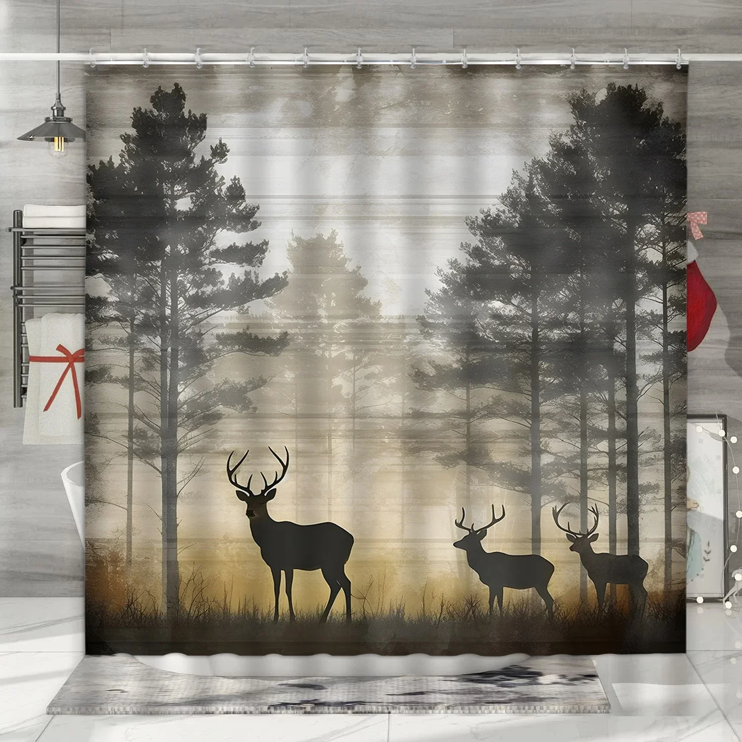 Fall Forest Shower Curtain, Farm Animals Bear Deer Vintage Wooden Barn Planks Wild Nature Mountain Sunset, Bathroom Decoration