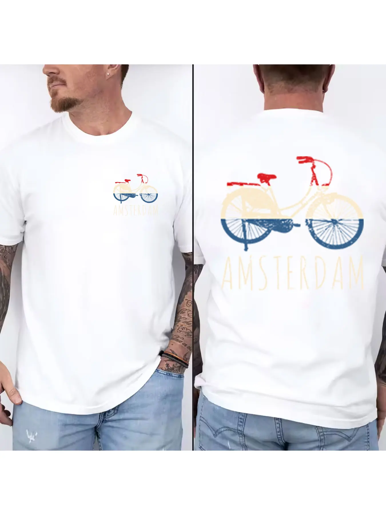 Men's Cotton Amsterdam Bicycle Graphic T Shirt Vintage Distressed Dutch Flag Colorway Casual Short Sleeve Tees for Summer Street