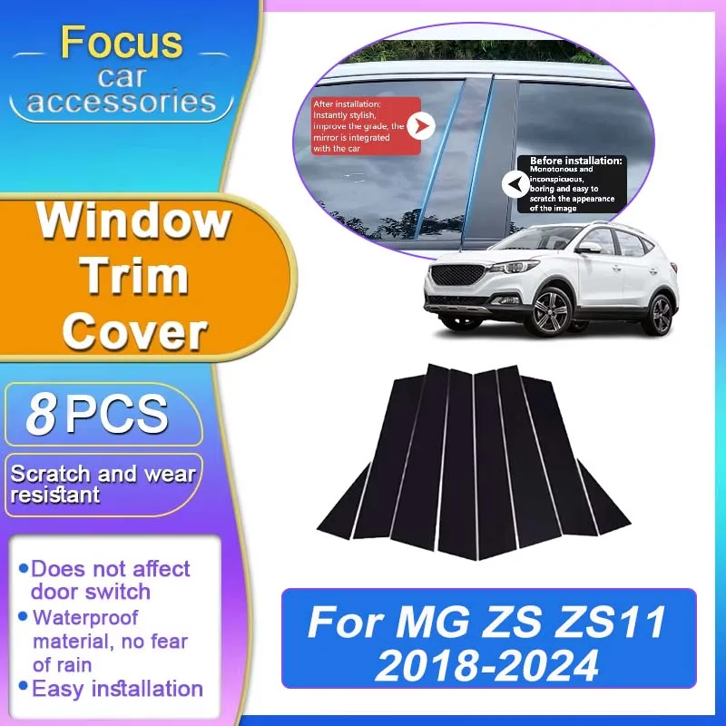 

For MG ZS Body Kit 2019 ZST ZS11 2018-2024 8PCS Black Carbon Fiber B C Pillar Window Trim Cover Column Stickers Car Accessories