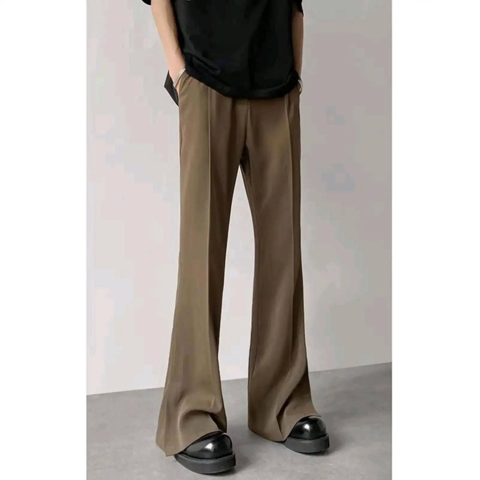 New Fashion Men's Solid Color Loose Simple Basic Casual Trendy Daily Flare Trousers Male Black Brown Suit Pants Bottom Clothes