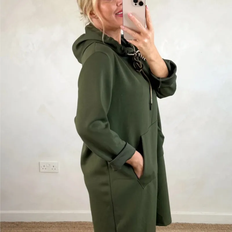 Autumn Winter New Women's Loose Plus Size Knitted Solid Color Hooded Long Dress Sweatshirt Casual Fashion Large Pocket Frock