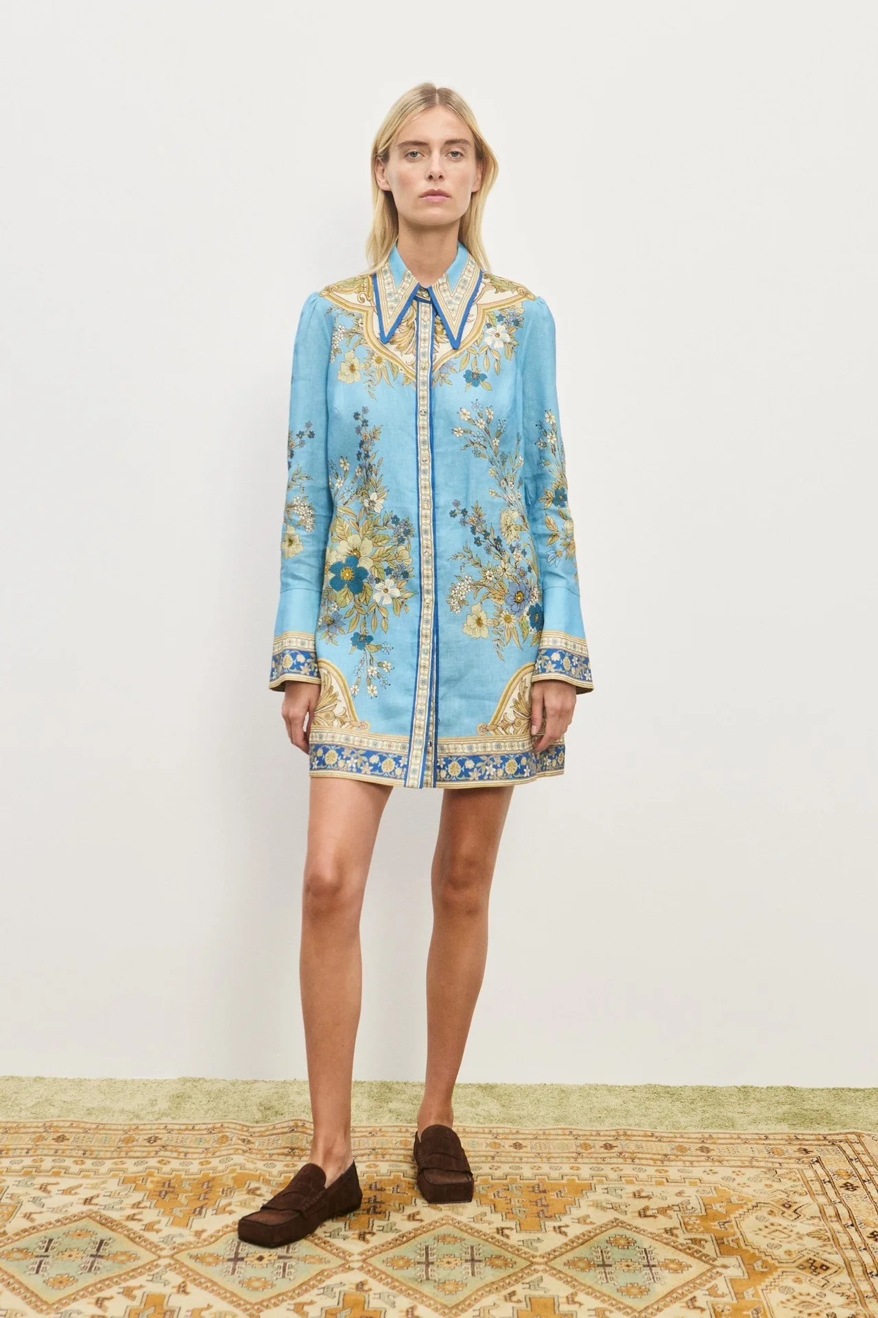 Women Linen Vintage Flower Printed Blue Turn-down Collar Single Breasted Shirt Mini Dress