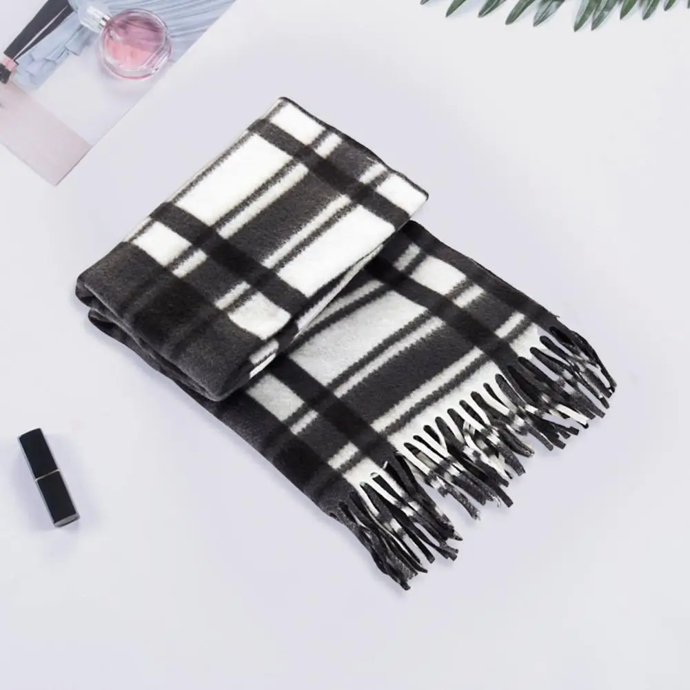 

10Pcs Men Women Scarf Plaid Print Tassel Trim Double Sided Velvet Long Scarf Contrast Color Thermal Long Scarf