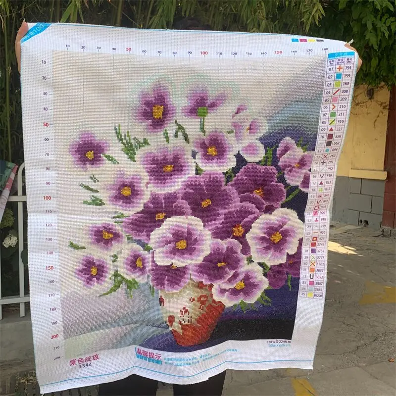 New purple blooming handmade cross stitch finished product, simple and modern living room decoration hanging painting60*70