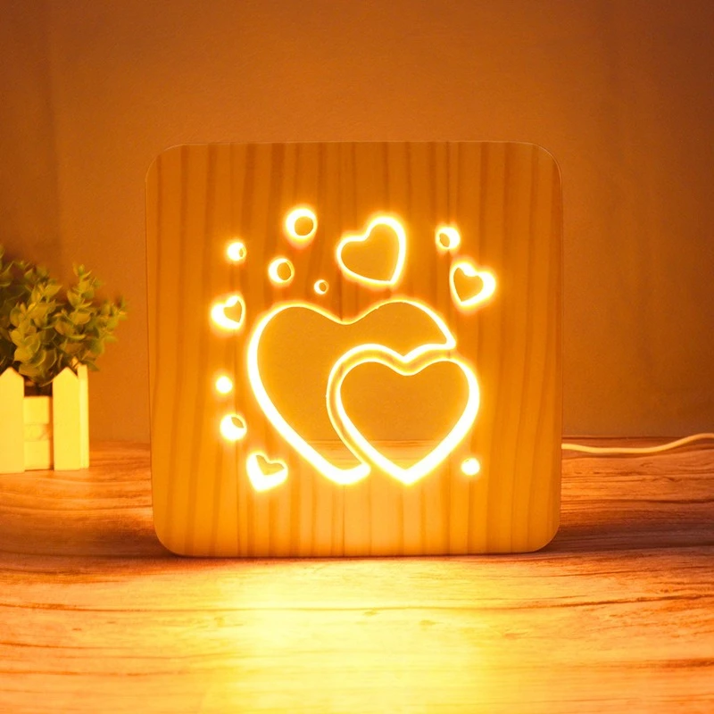 19x19x3cm Solid Wood Hollow 3D Night Light, Love Atmosphere Desk Lamp Home Decoration Desktop Ornament