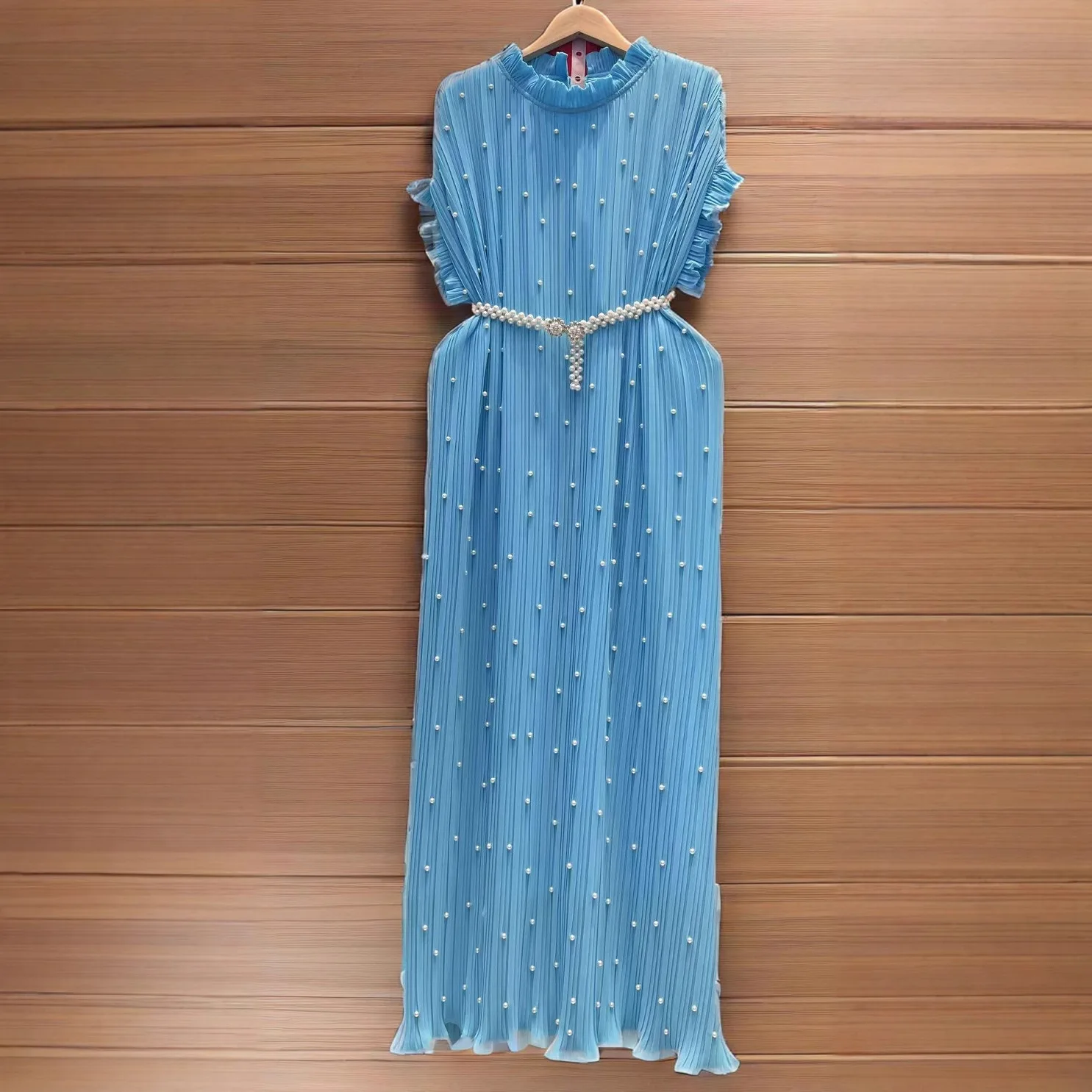 

Luxury Bead Evening Dress Women Summer Short Sleeve Pearl Loose Big Size Pleated Long Dresses Party Prom Elegant Midi Vestidos