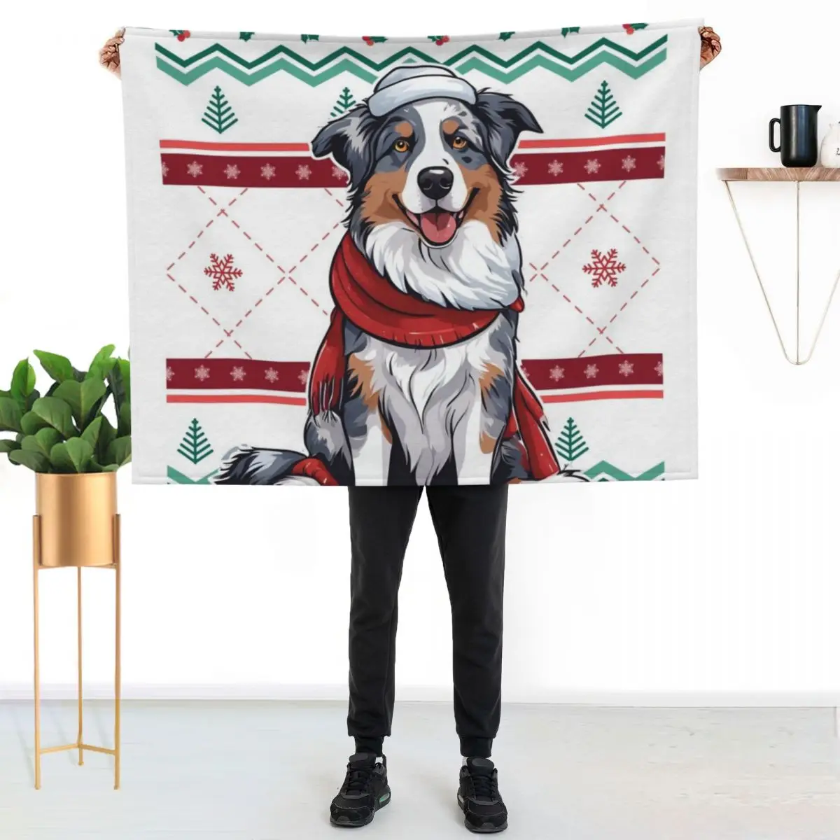 Aussie: Australian Shepherd Against Christmas Sweater Pattern Throw Blanket Soft Warm Blanket Gift for Men Women Adults
