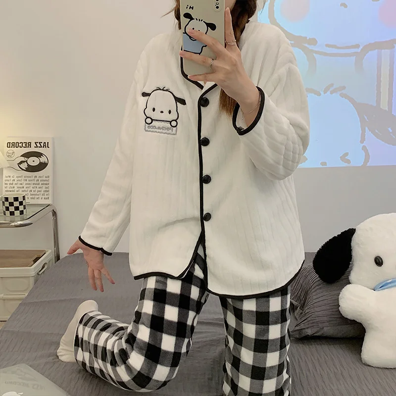 Sanrio Stitch Disney Soft Plush Pajamas Suits Cute Cartoon Fleece Long Sleeve Cardigan Long Pants Two Pieces Sets For Women