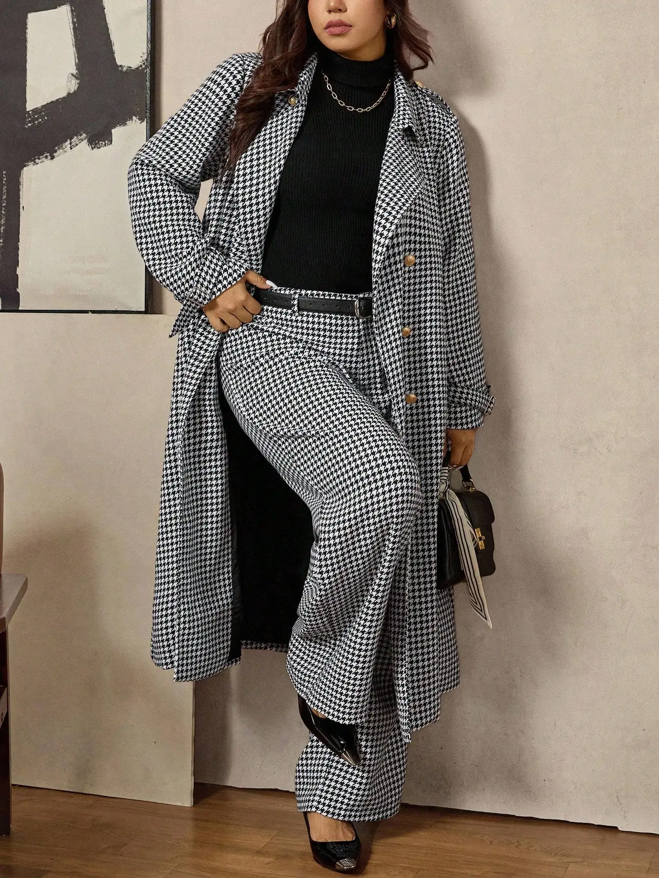 بدلة بليزر بنقشة هاوندستوث مع بنطلون واسع للنساء ذوات المقاسات الكبيرة، زي مكتبي غير رسمي للشتاء والخريف