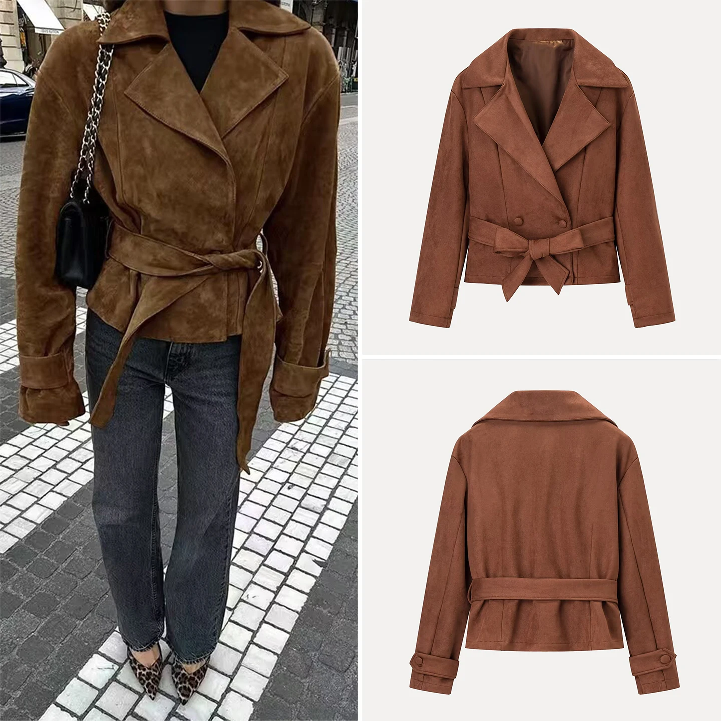 

Повседневная двубортная замшевая куртка, женская мода, осень 2022, длинная верхняя одежда с воротником-стойкой, све