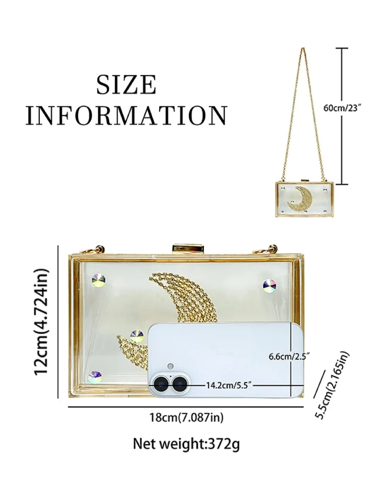 Nova caixa pequena de acrílico transparente sacos de embreagem noite das mulheres na moda lua padrão corrente ombro crossbody sacos bolsas casamento embreagem