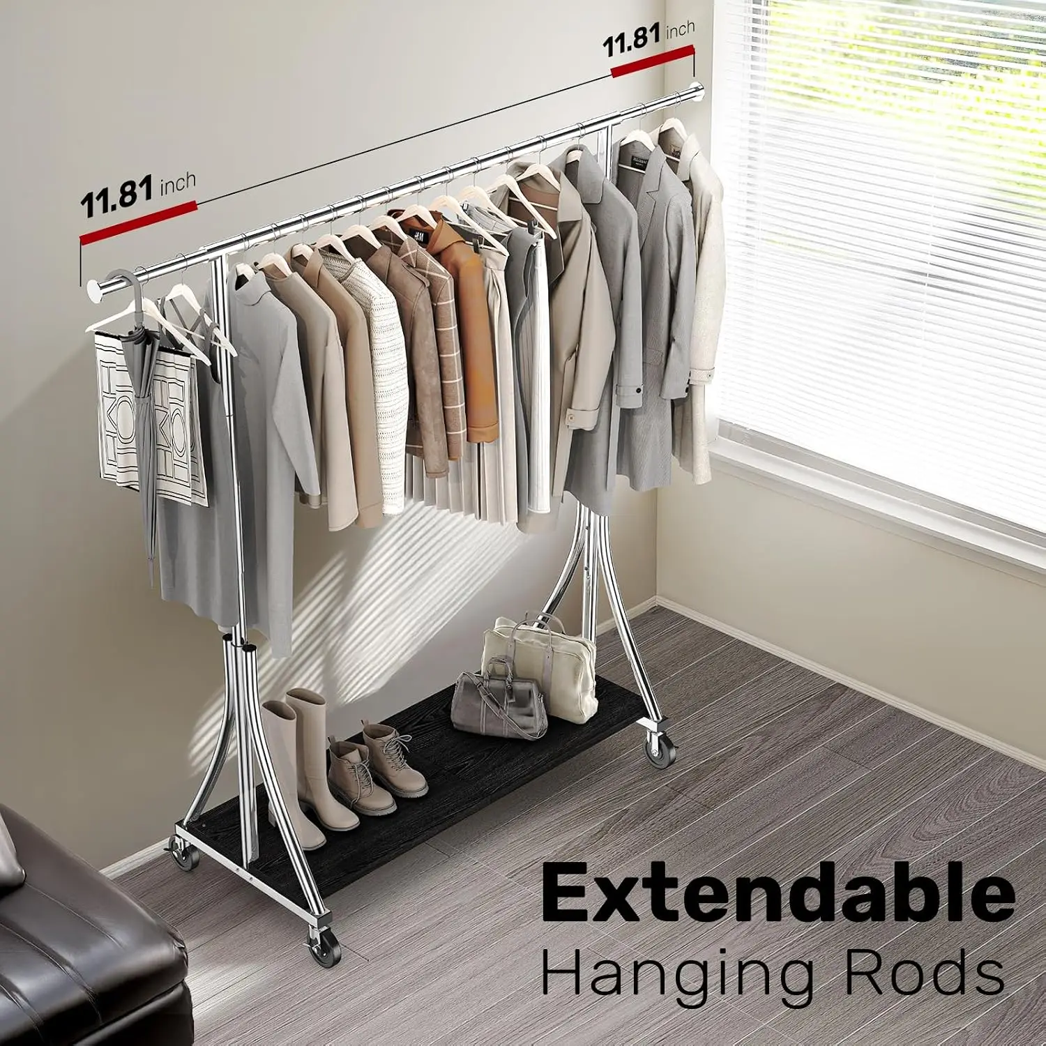 Heavy Duty Clothes Rack with Wood Shelves 500LBS Portable Closet Garment Rack Bedroom Living Room Laundry, Customized