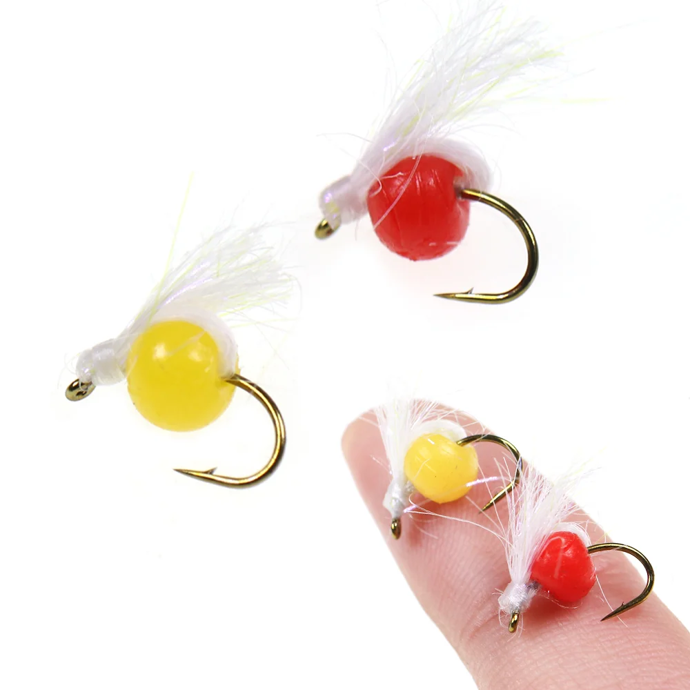 6 piezas # 12 señuelos de pesca blandos de acero con anzuelo de púas, imitación de insecto, para trucha y steelhead, tipo glo bug, para pesca con mosca húmeda, para huevas de salmón.