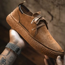Men's Suede Sneakers Casual Retro Lace Up Round Head Shoes Anti-slip Flats Soft Sole Walking Trainers Zapatillas De Deporte