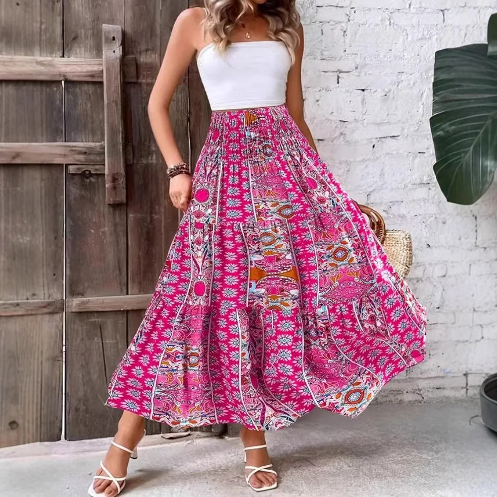 

2025 Summer New Black Wine Red Rose Red Print High Waist Midi Skirt Women Fashion Trendy Versatile Style