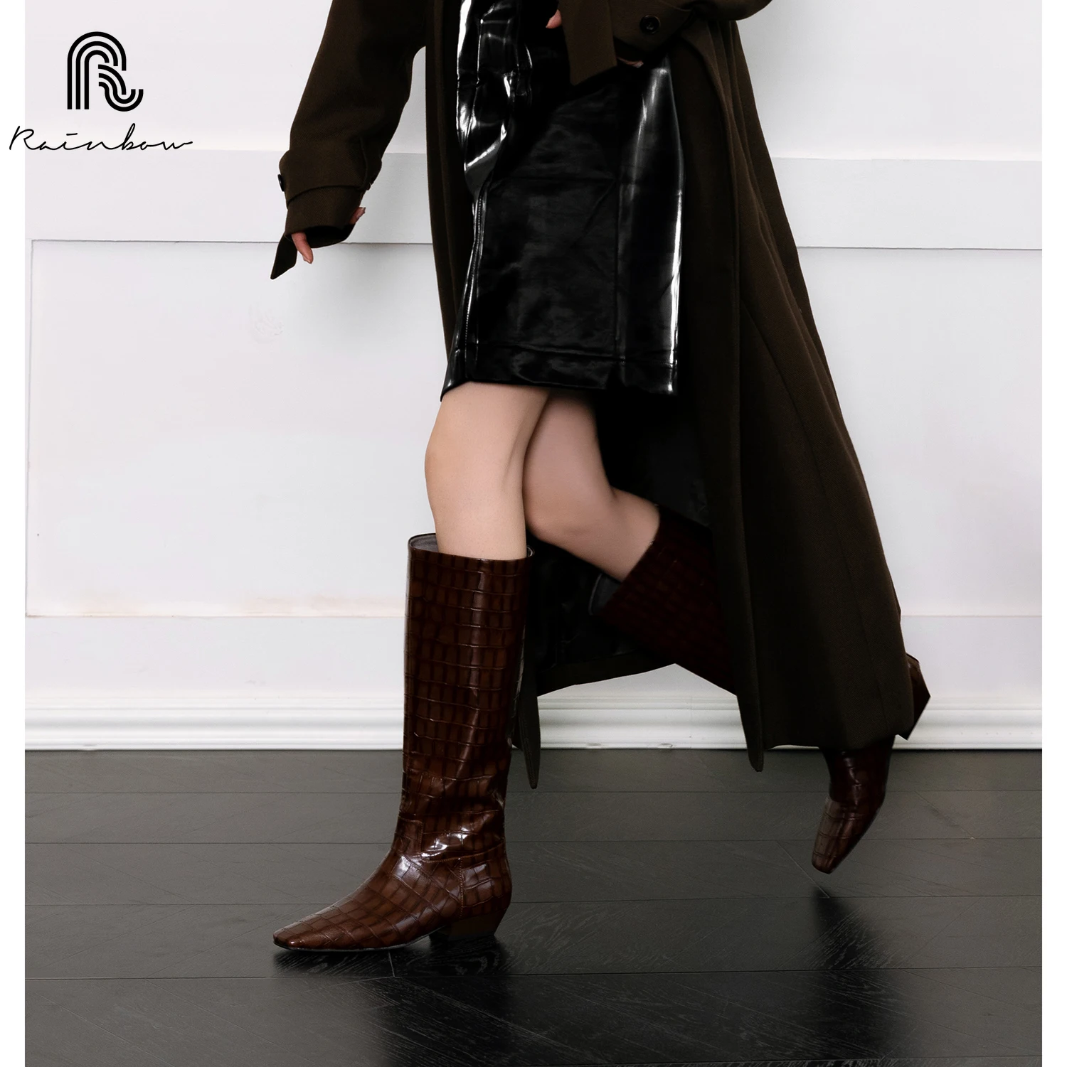 

RAINBOW 34-40 NEW Women Knee Boots Fashion Stone Pattern Soft Leather Thick Heels Shoes Fall Winter Long Tall Boots 2025 Ins