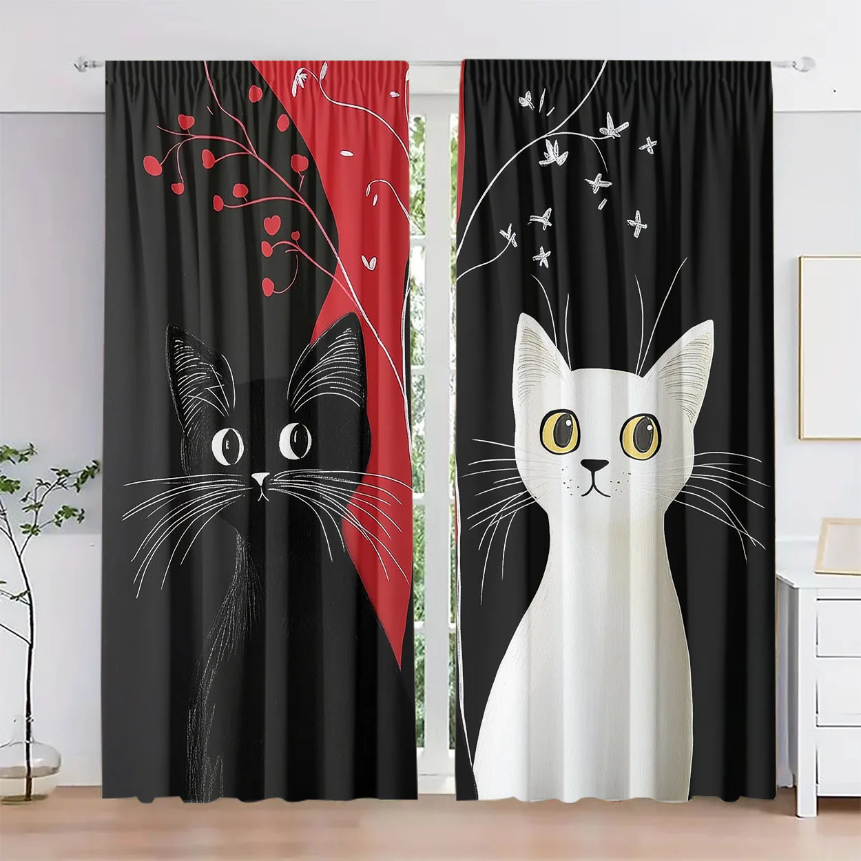 2pcs Black White Cat Curtains Artistic Pet Face Print Drape Living Room Bedroom Window Treatment Modern Animal Lover DecorPanels