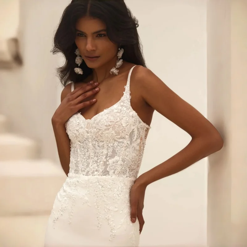 Modern Alluring Sweetheart Neck Mermaid Wedding Dress Lace Corset Bodice Spaghetti Straps Cathedral Train Bridal Gown Customiz