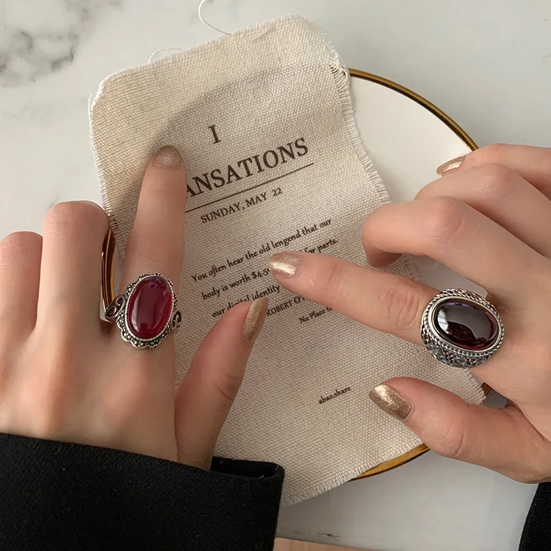 Personality Retro Exaggeration Big Garnet Stone Thai Silver Female Wedding Ring Hand Jewellery Accessories Never Fade Gifts