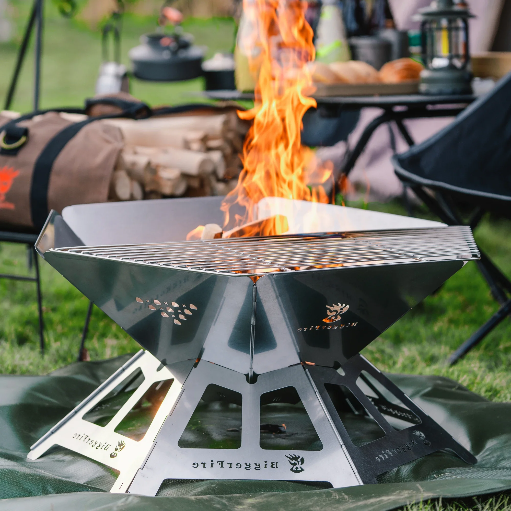 Foldable Portable Fire Pit, Stainless Steel Fire Pits with Charcoal Grill Net and Storage Bag, Camping Fire Pit Grill JJ107