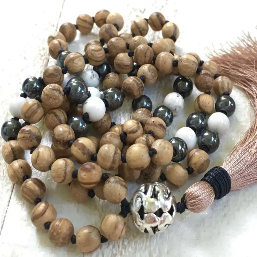 

Natural Wood & Multi-Gemstone 108 Mala Beads Necklace with Blush Tassel Grounding & Balance Healing Jewelry