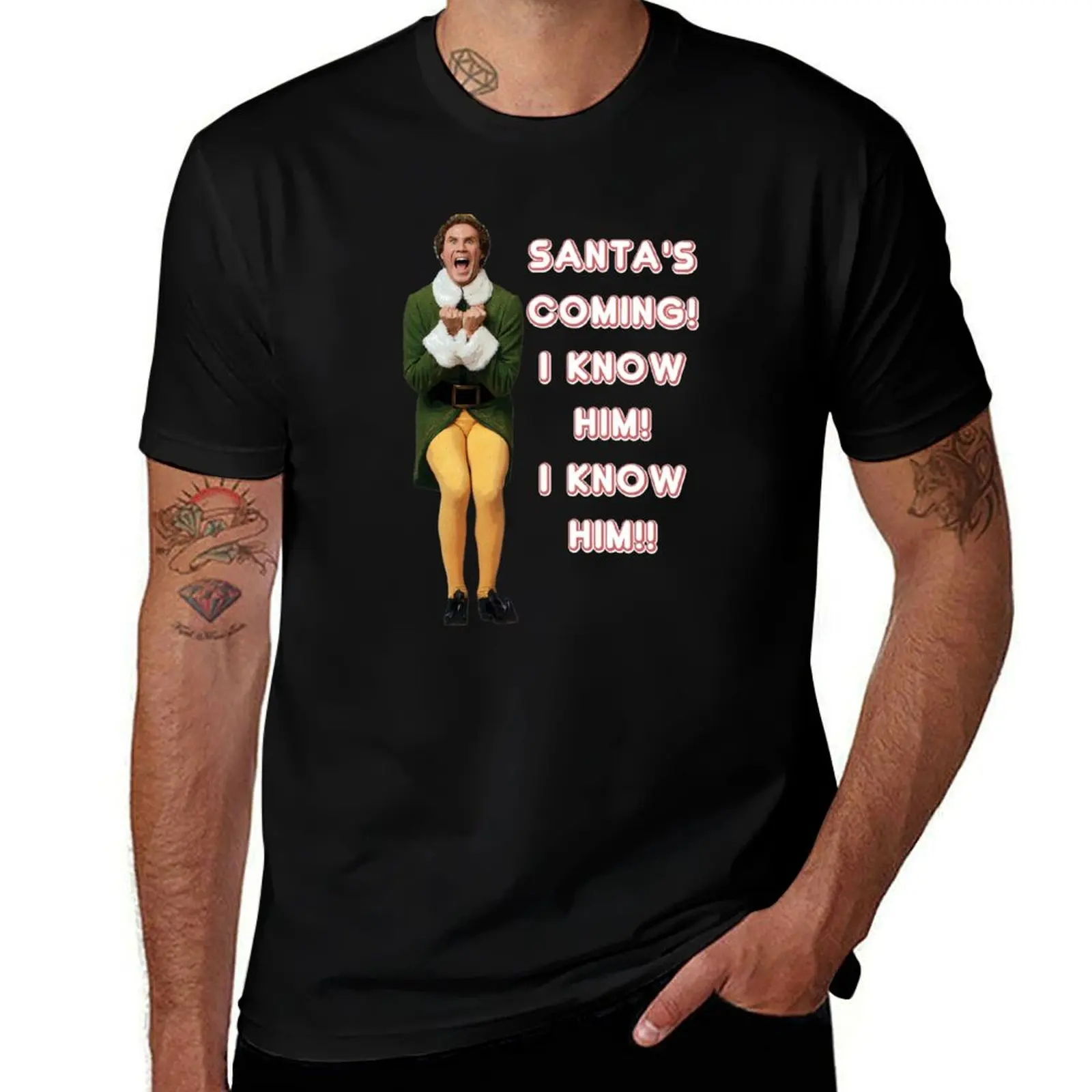 OMG! SANTA'S COMING! I KNOW HIM! Elf Christmas Movie Buddy Will Ferrell mint/pink T-Shirt Breathable Basic Cotton T-Shirt
