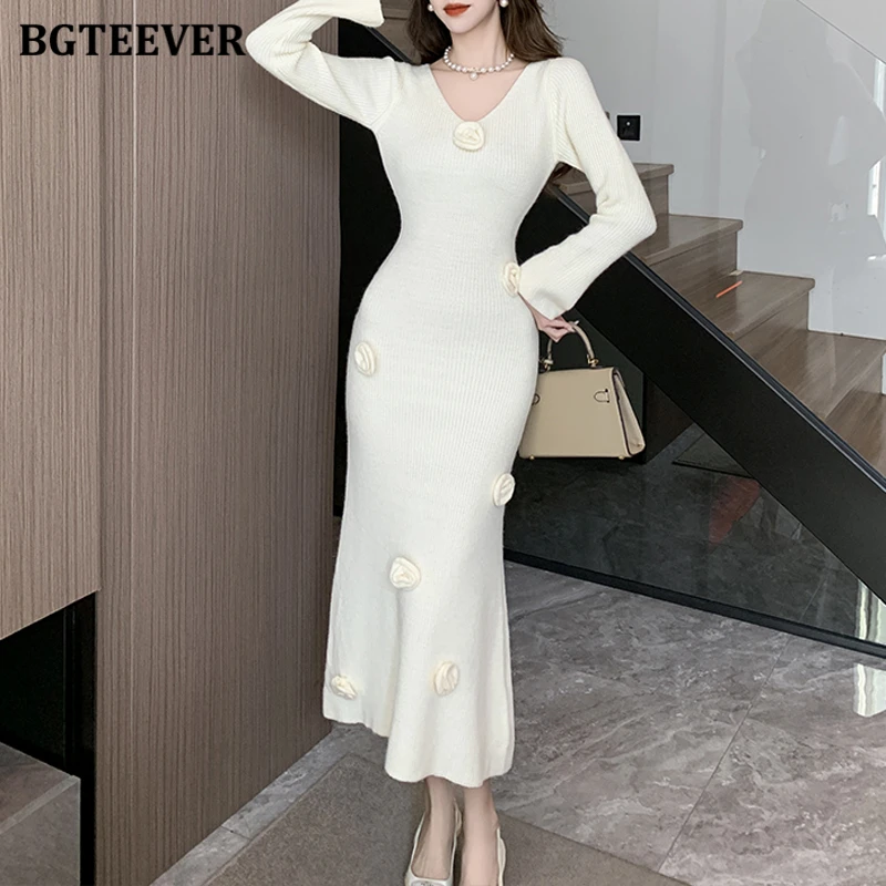 BGTEEVER Vintage Slim Long Sleeve Female Package Hip Knitted Dress Autumn Winter Elegant V-neck Women Mermaid Sweaters Dress