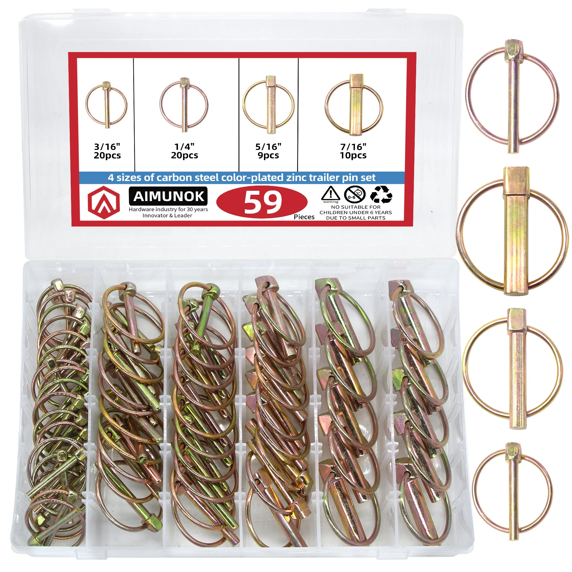 59Pcs Color Zinc Plated Lynch Pin Assortment Kit, 4 Sizes Carbon Steel Trailer Safety Coupler Pins