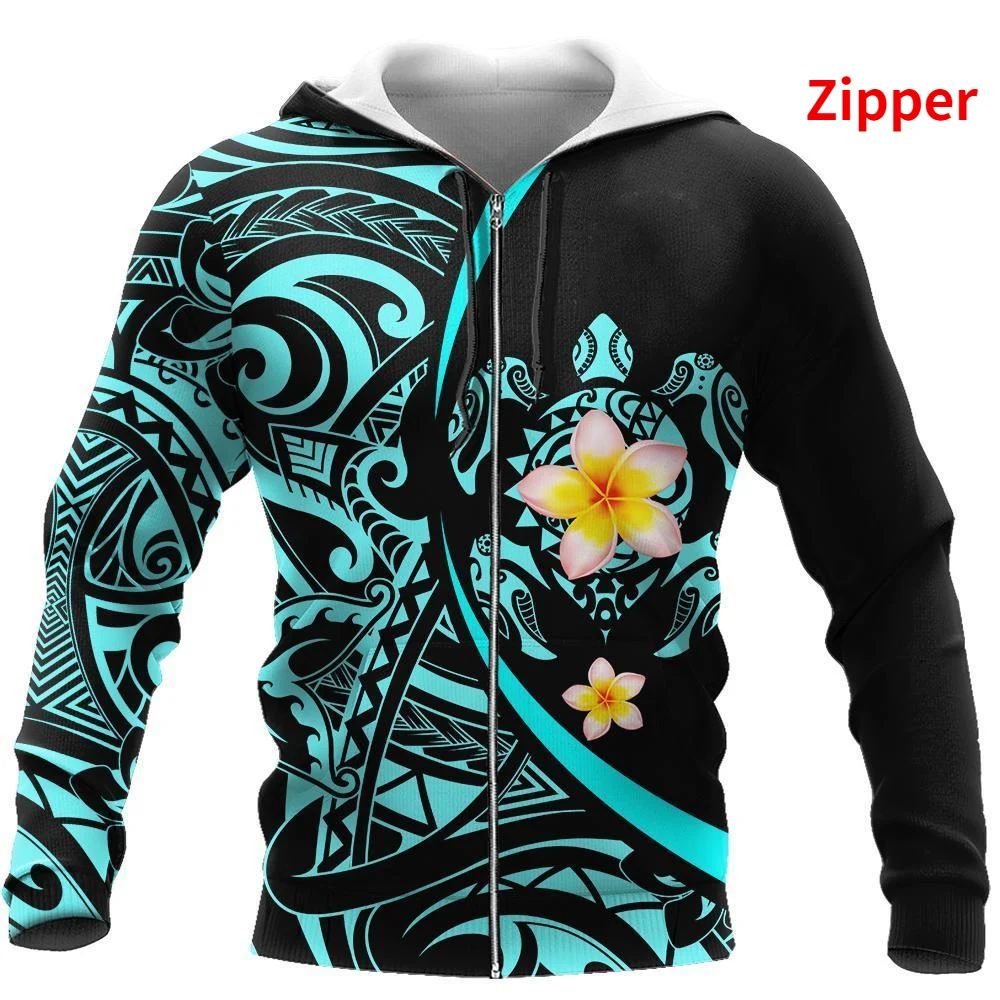Pohnpei Amazing Polynesian Sea Turtle Tattoo & Hibiscus 3D Printed Unisex Zip Pullover Casual Harajuku Streetwear