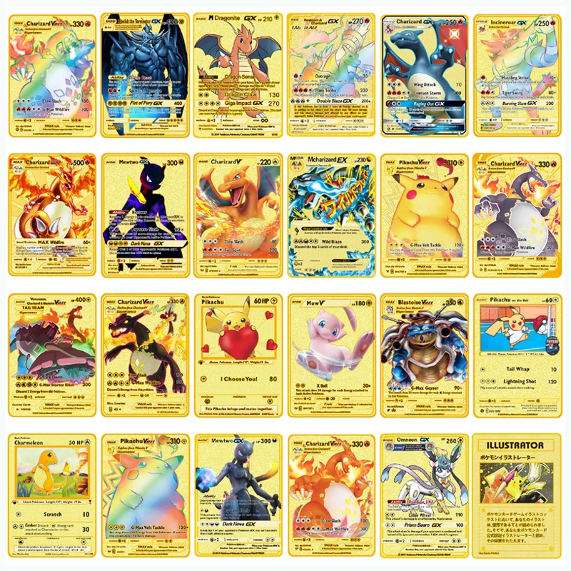 Gold Pokemon Karte Metall Karte Spiel Anime Schlacht Pokemon Gold HP Englisch Kaarten Charizard Pikachu Action Sammlung Kind Spielzeug