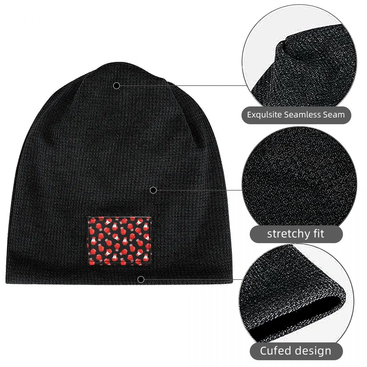 Red Boxing Gloves Waffle Knit Fleece Lined Beanie with PU Leather Patch Unisex Warm Winter Soft Cap