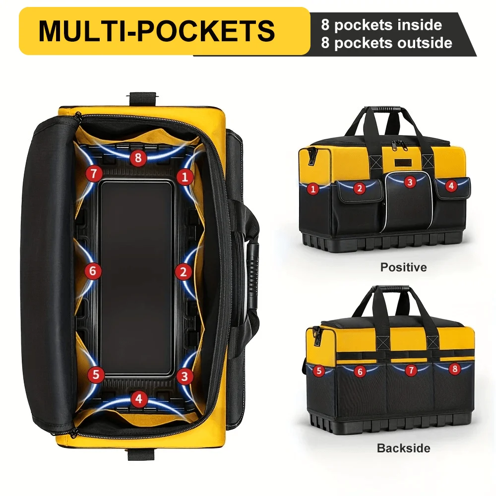 Wide‑Mouth Heavy Duty Tool Carrier Bag 16 Pockets Hard Base For Electrician Carpenter Garage Maintenance Work Organizer Bag
