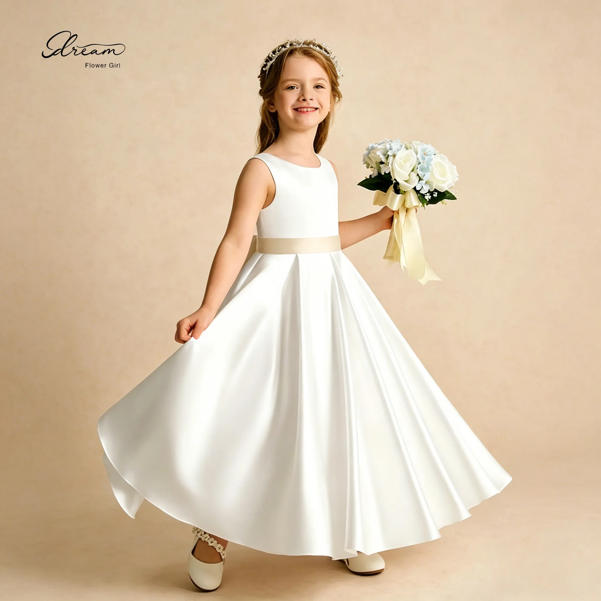 White Satin Flower Girl Dress Sleeveless Floor Length Formal Evening Gown Champagne Sash Kids Wedding Party Brithday