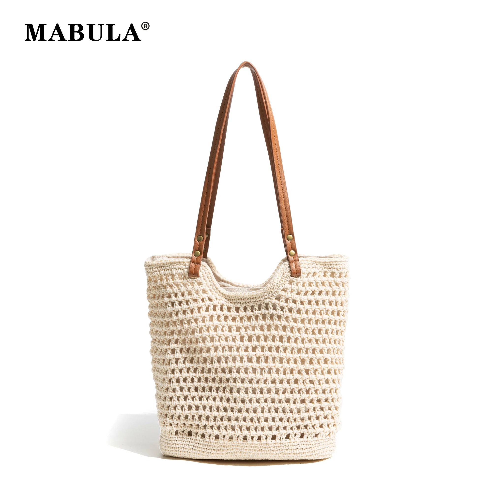 MABULA Aesthetic Trend Ladies Hollow Beach Shoulder Bag Zipper Big Fishing Net Handbag Woman Cotton Woven 2024 Summer Work Purse