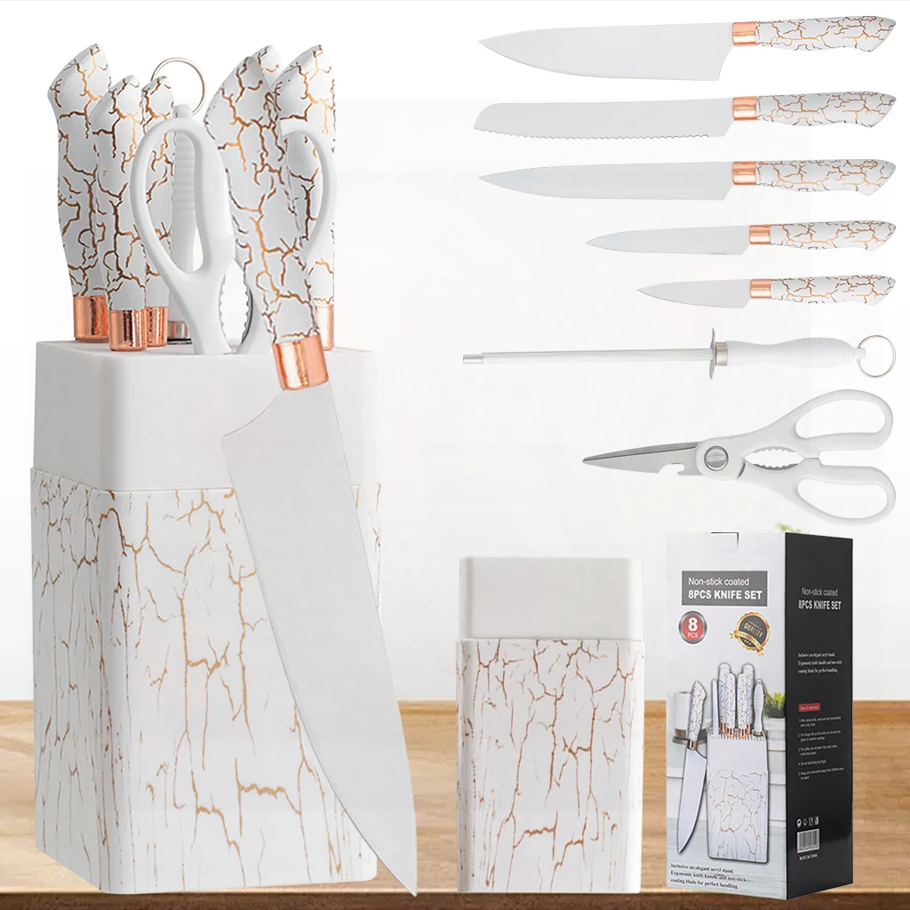 

8PCS Stainless Steel Knife Set Kitchen Knives with Knife Block Combination Kitchen Slicer Knife Meat Cleaver Fruit Knives